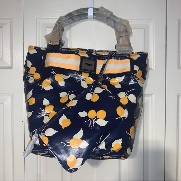 Juicy Couture Pam & Gela Coated Canvas Large Navy Tote Bag Makeup Pouch Set New - Picture 1 of 7